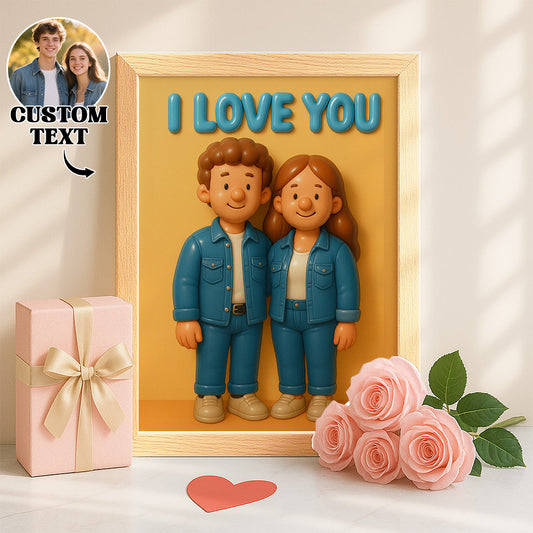 Personalized 'I Love You' frame with cartoon characters, gift box, and flowers on a light background