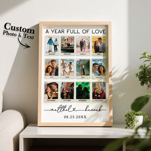 Framed collage with personalized photos and text on a wall