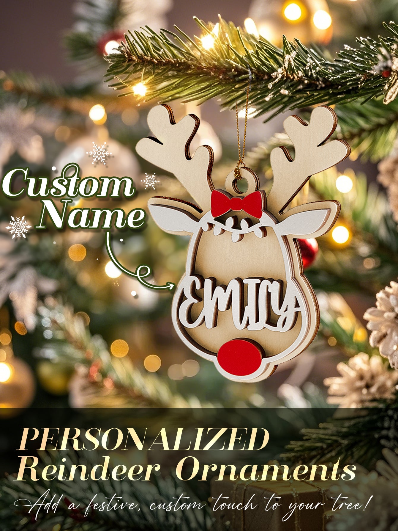 Personalized Name Reindeer Wooden Ornament