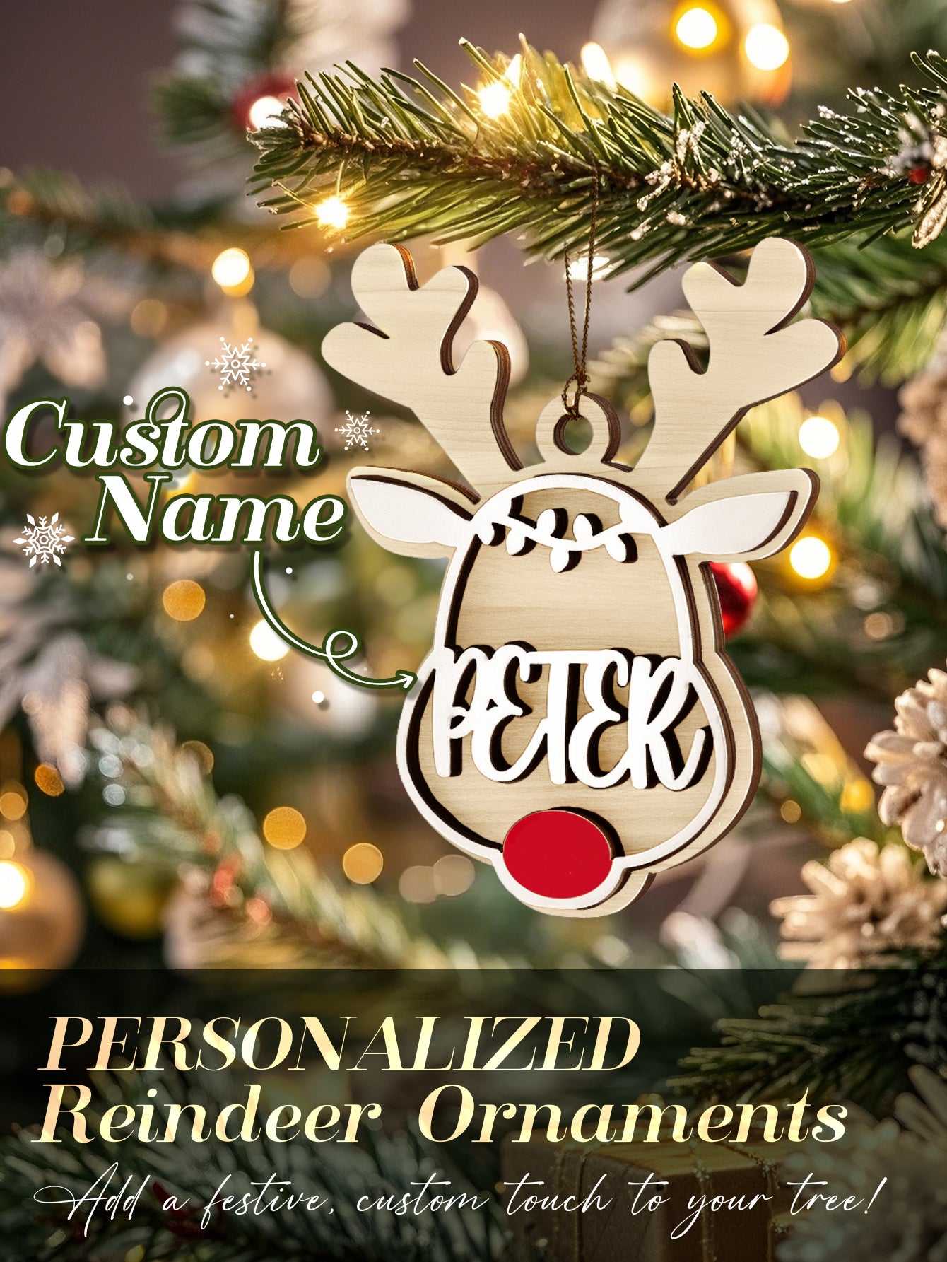 Personalized Name Reindeer Wooden Ornament