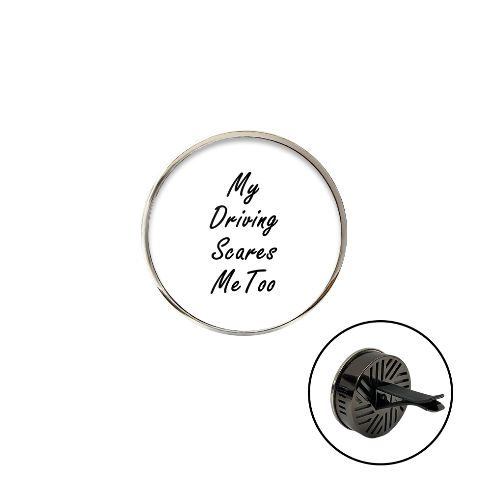 Circular keychain with 'My Driving Scares Me Too' text on a white background