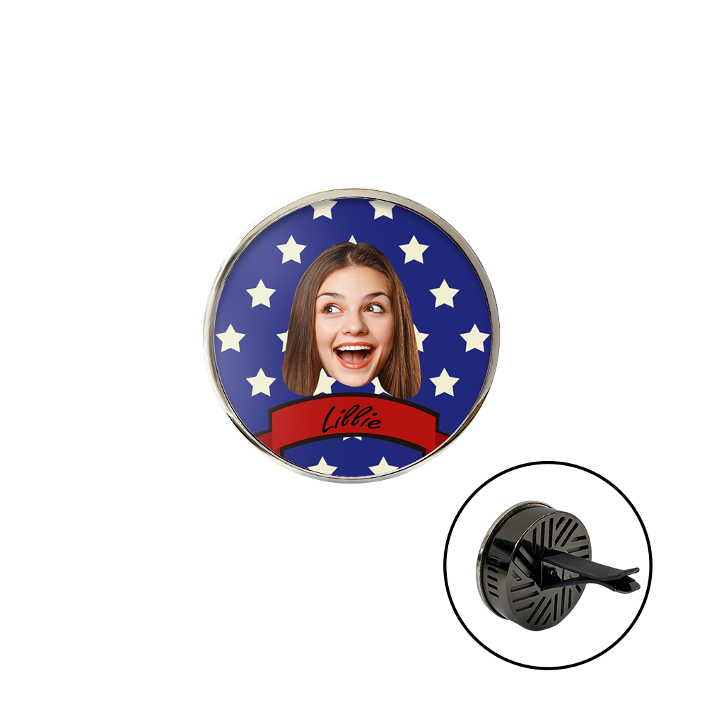 Circular product with a person's face on a blue background with stars, featuring the name 'Lillie'.