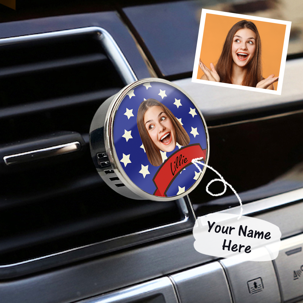 Car air freshener with a personalized photo of a woman on a dashboard