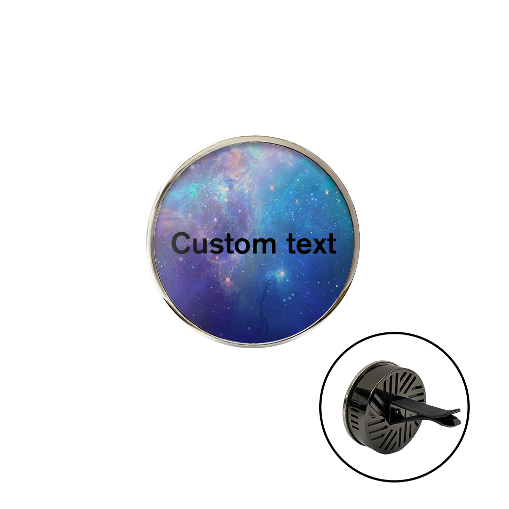 Round decorative item with galaxy design and customizable text, featuring a black screw on a white background.