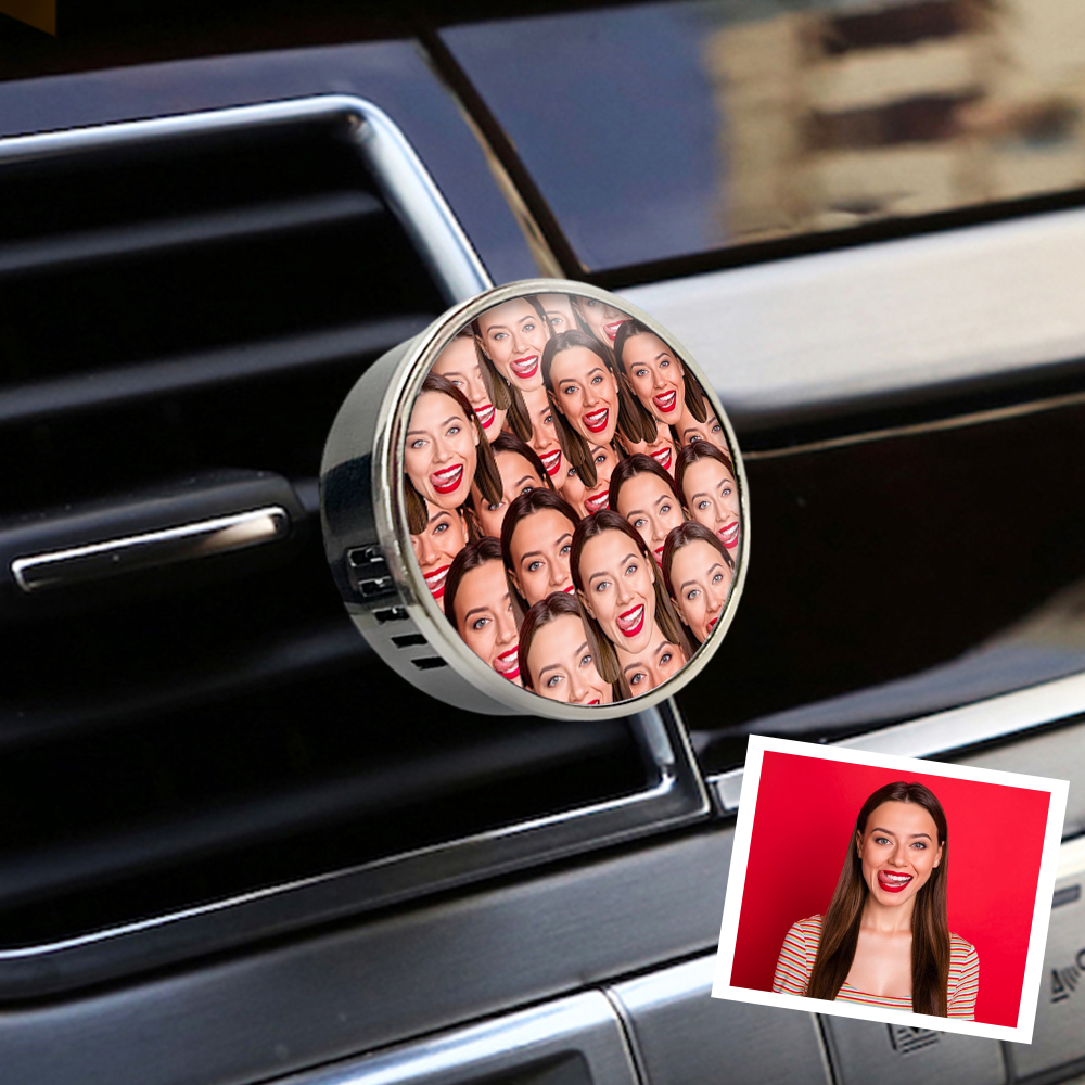 Car air freshener with a collage of a woman's face on a car vent.