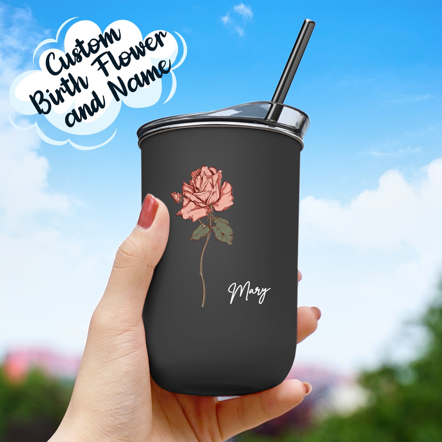 Custom Birth Flower And Name  Stylish Coffee Cup 12oz/350ml With Straw