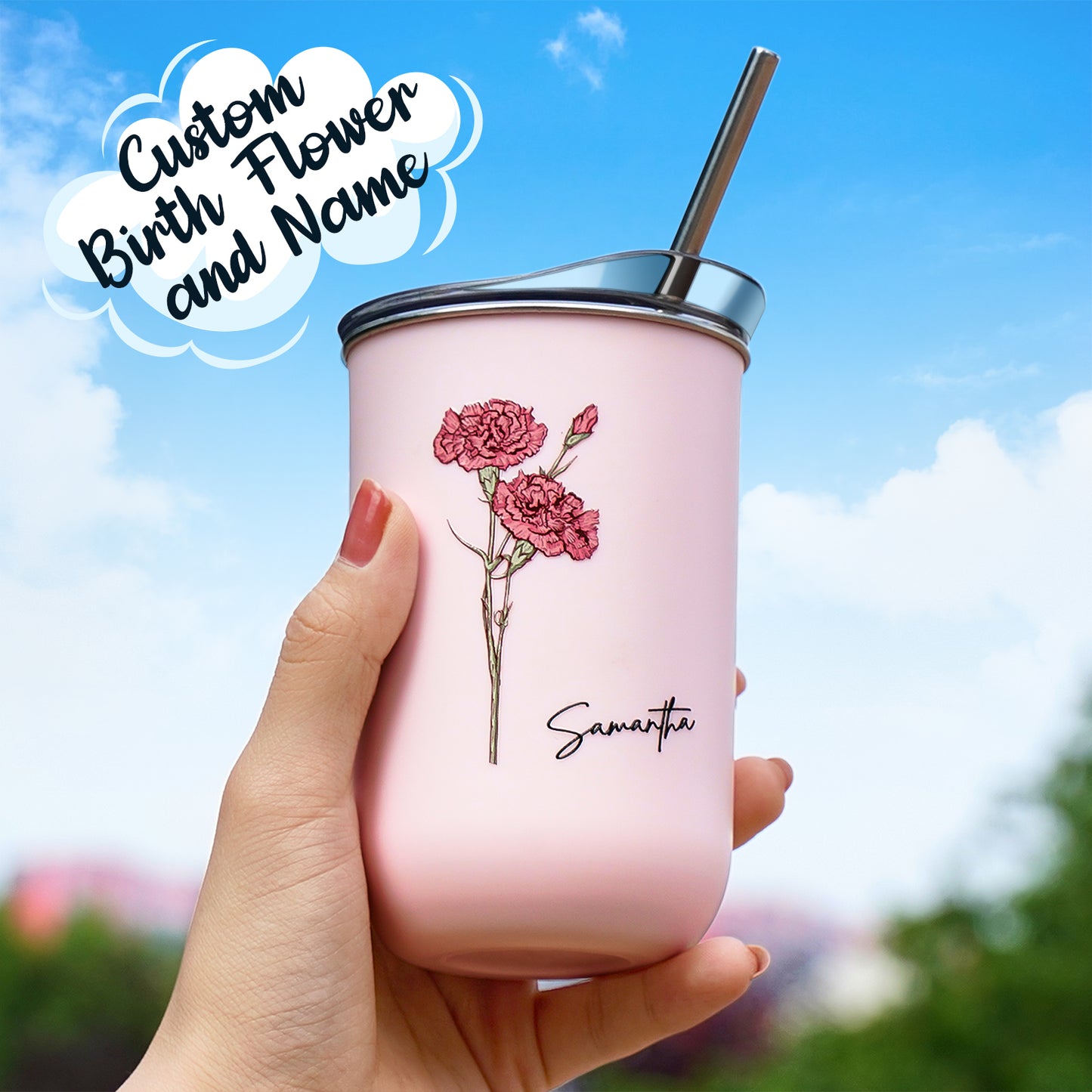 Custom Birth Flower And Name  Stylish Coffee Cup 12oz/350ml With Straw