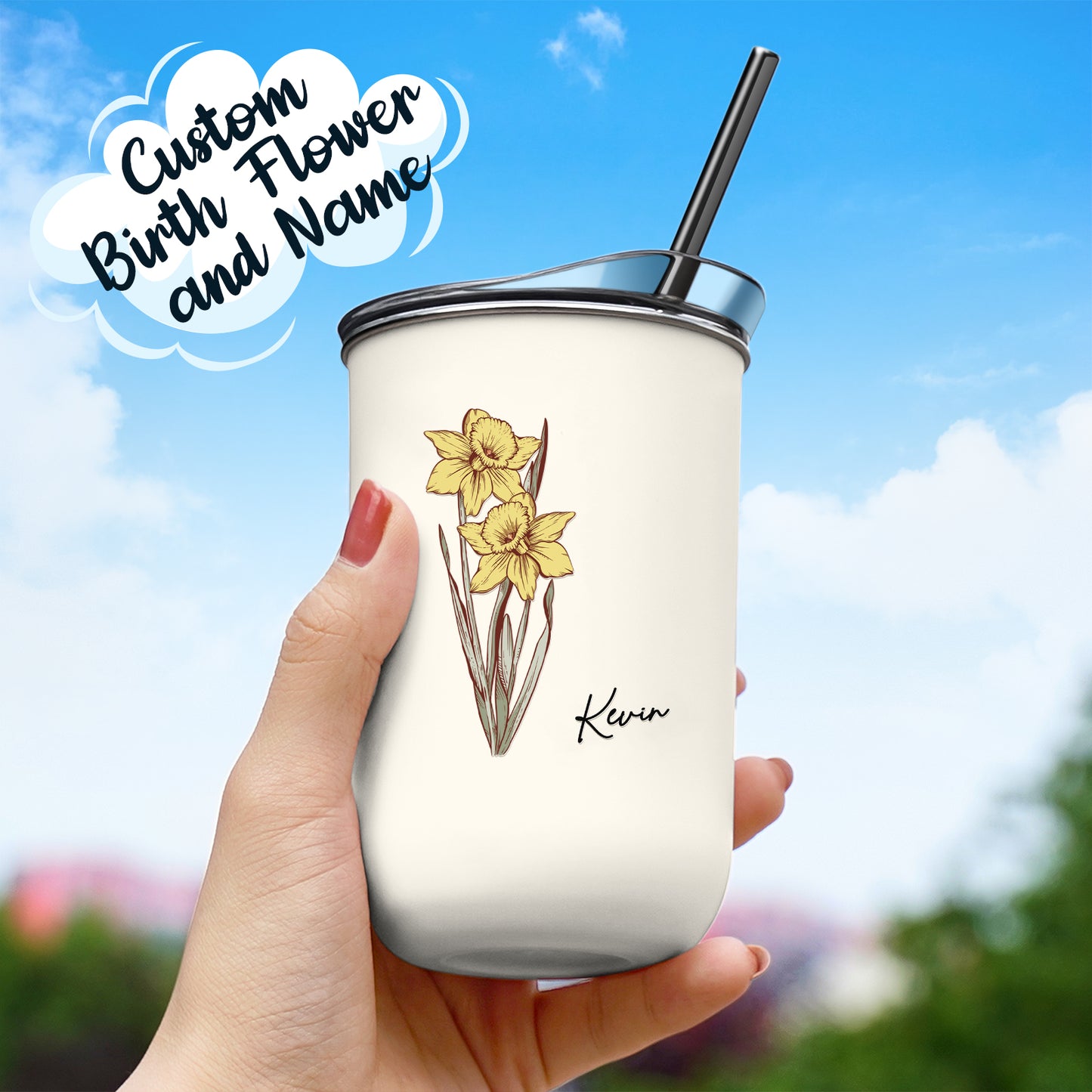 Custom Birth Flower And Name  Stylish Coffee Cup 12oz/350ml With Straw