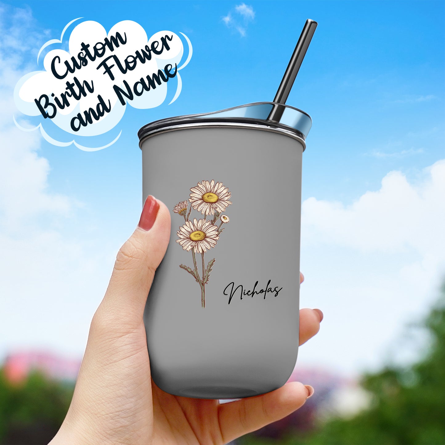 Custom Birth Flower And Name  Stylish Coffee Cup 12oz/350ml With Straw