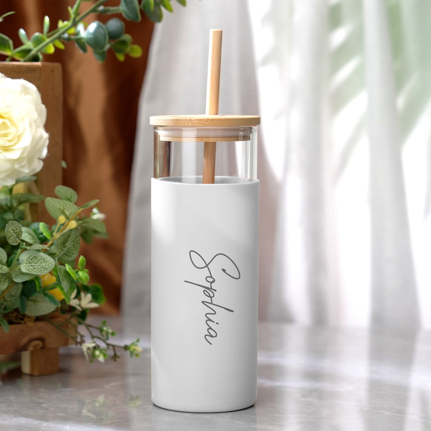 Personalized Name Glass Tumbler with Engraved Name & Wood Lid | Gift For Her | Gift For bridemaids Besties