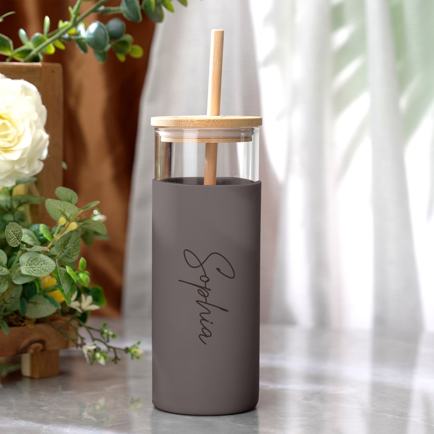 Personalized Name Glass Tumbler with Engraved Name & Wood Lid | Gift For Her | Gift For bridemaids Besties