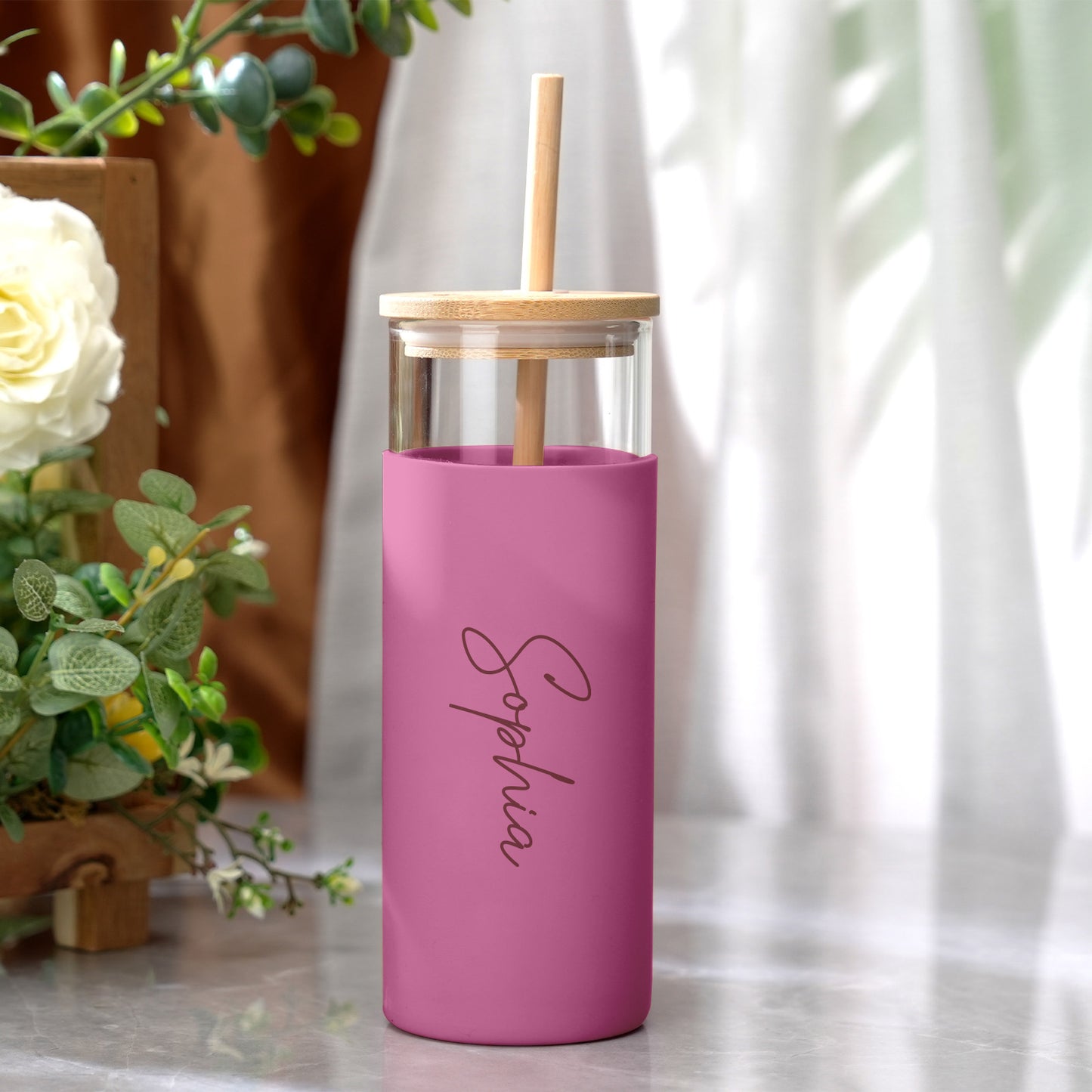 Personalized Name Glass Tumbler with Engraved Name & Wood Lid | Gift For Her | Gift For bridemaids Besties