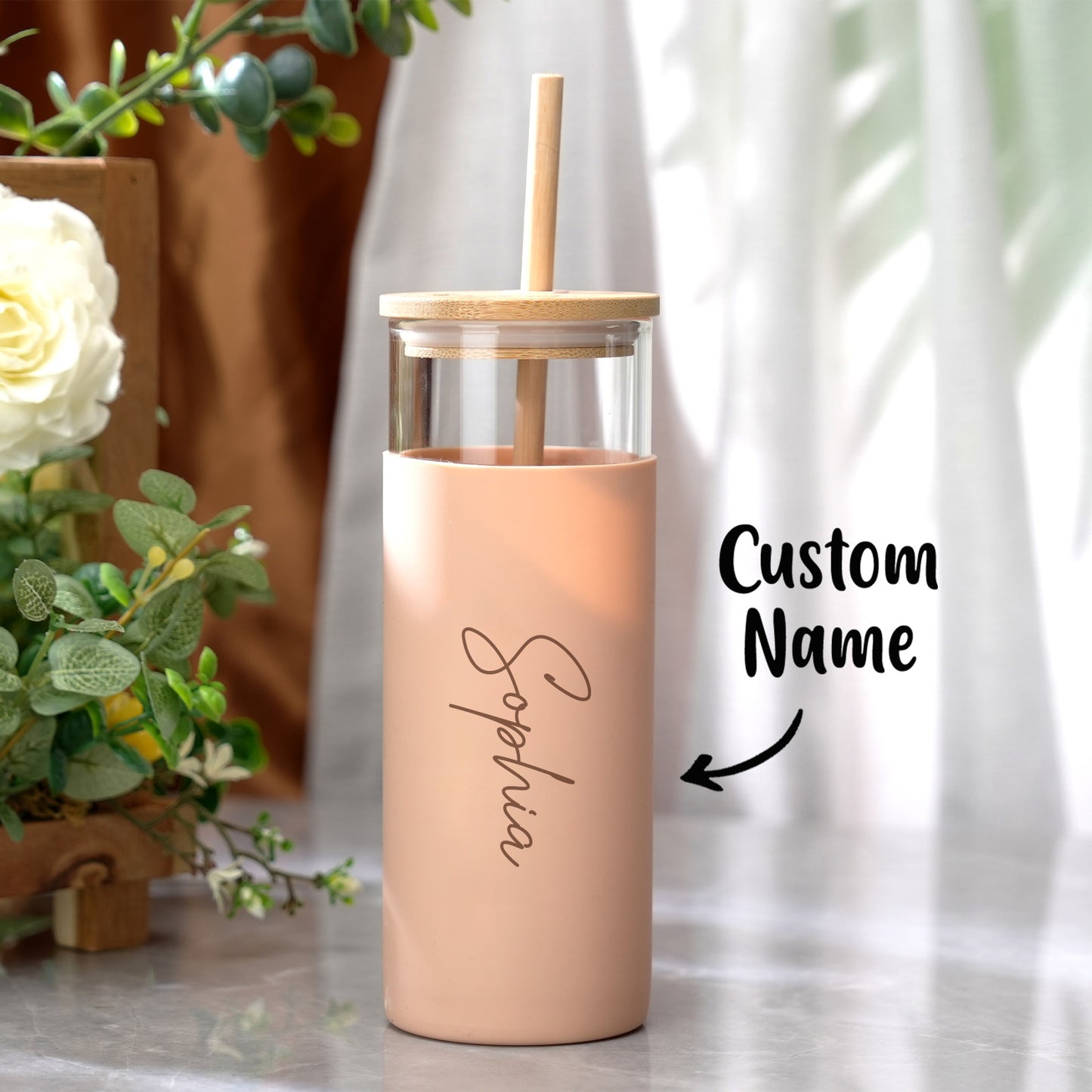 Personalized Name Glass Tumbler with Engraved Name & Wood Lid | Gift For Her | Gift For bridemaids Besties