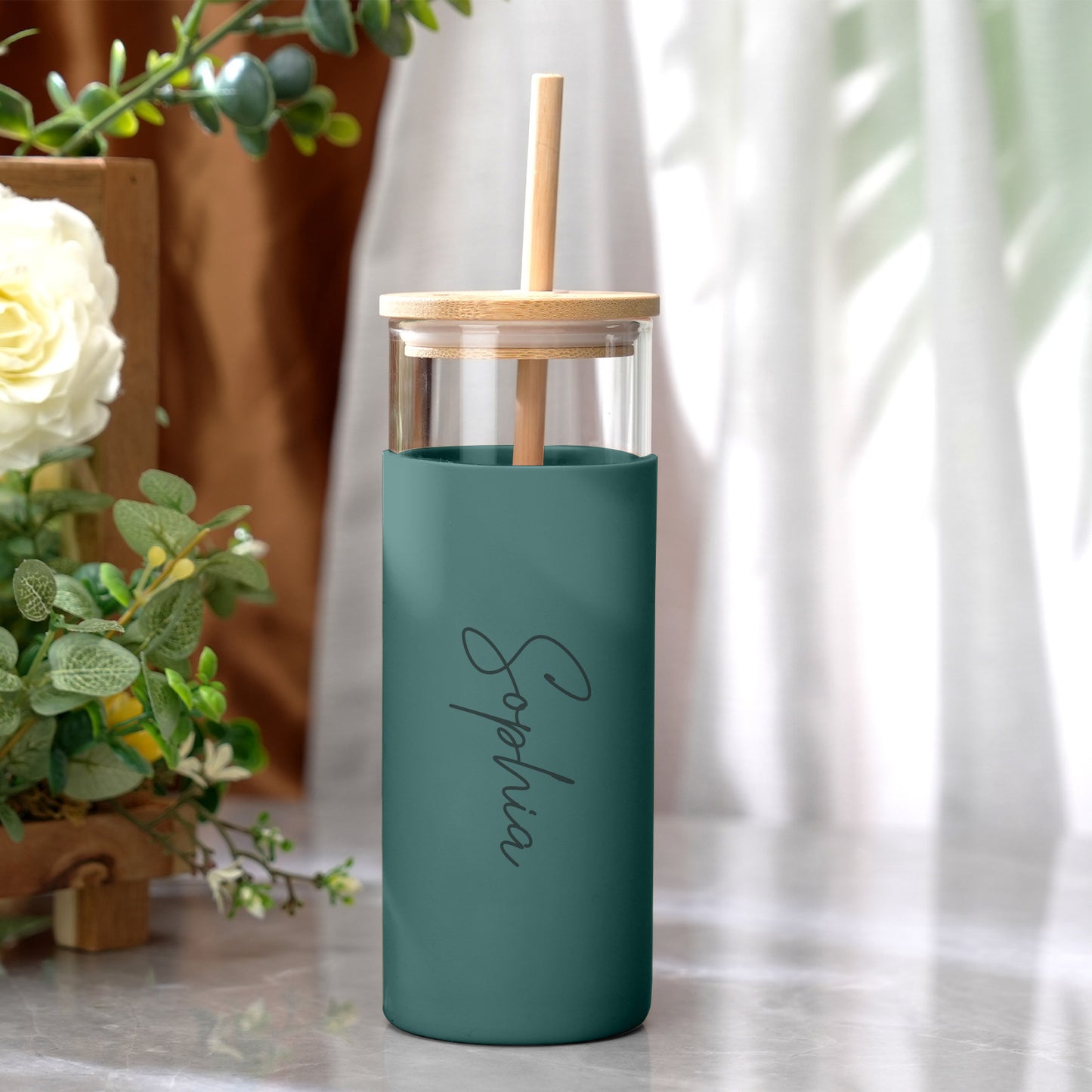 Personalized Name Glass Tumbler with Engraved Name & Wood Lid | Gift For Her | Gift For bridemaids Besties