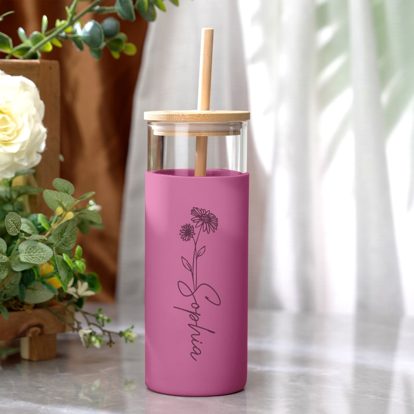 Personalized Name Glass Tumbler with Engraved Name & Wood Lid | Gift For Her | Gift For bridemaids Besties