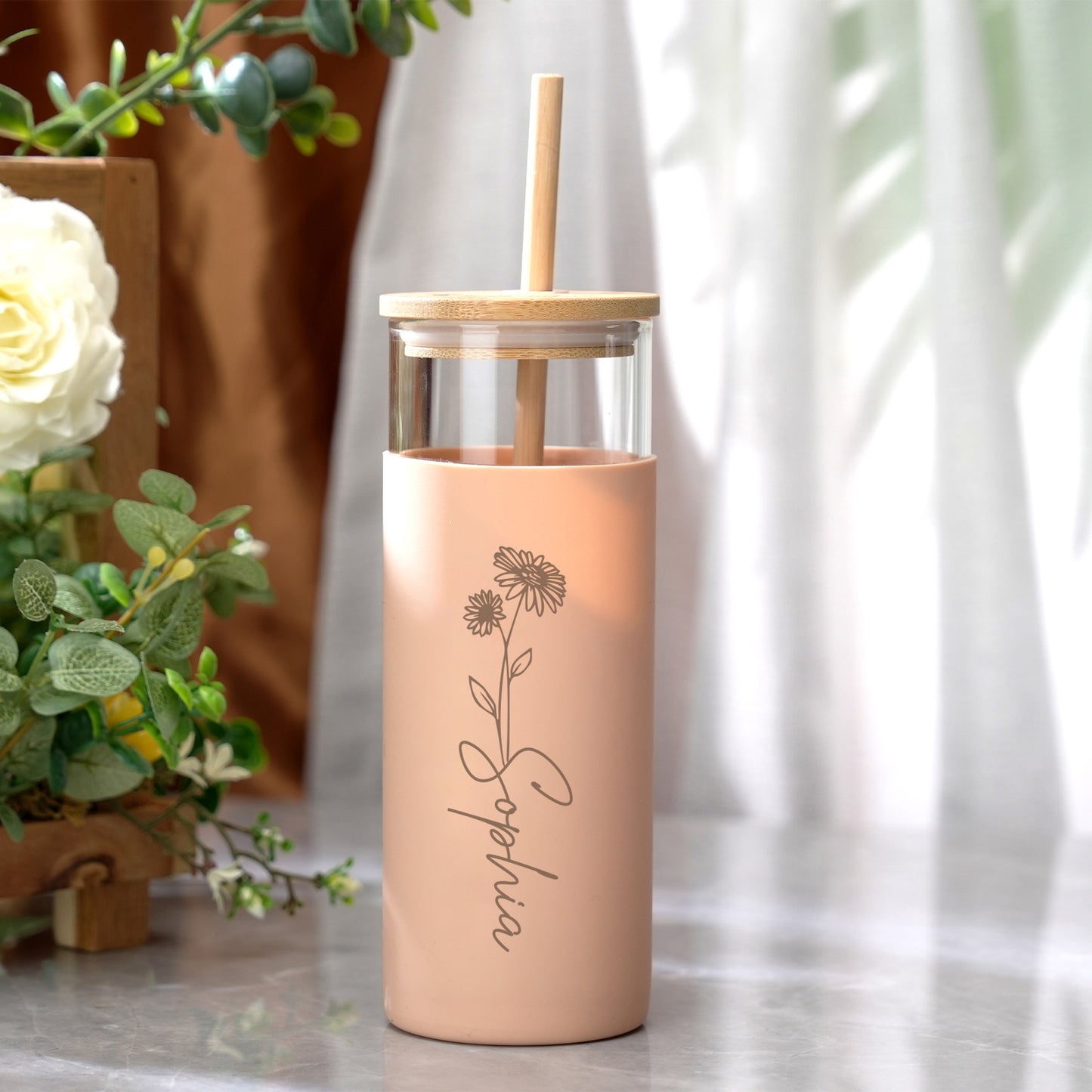 Personalized Name Glass Tumbler with Engraved Name & Wood Lid | Gift For Her | Gift For bridemaids Besties