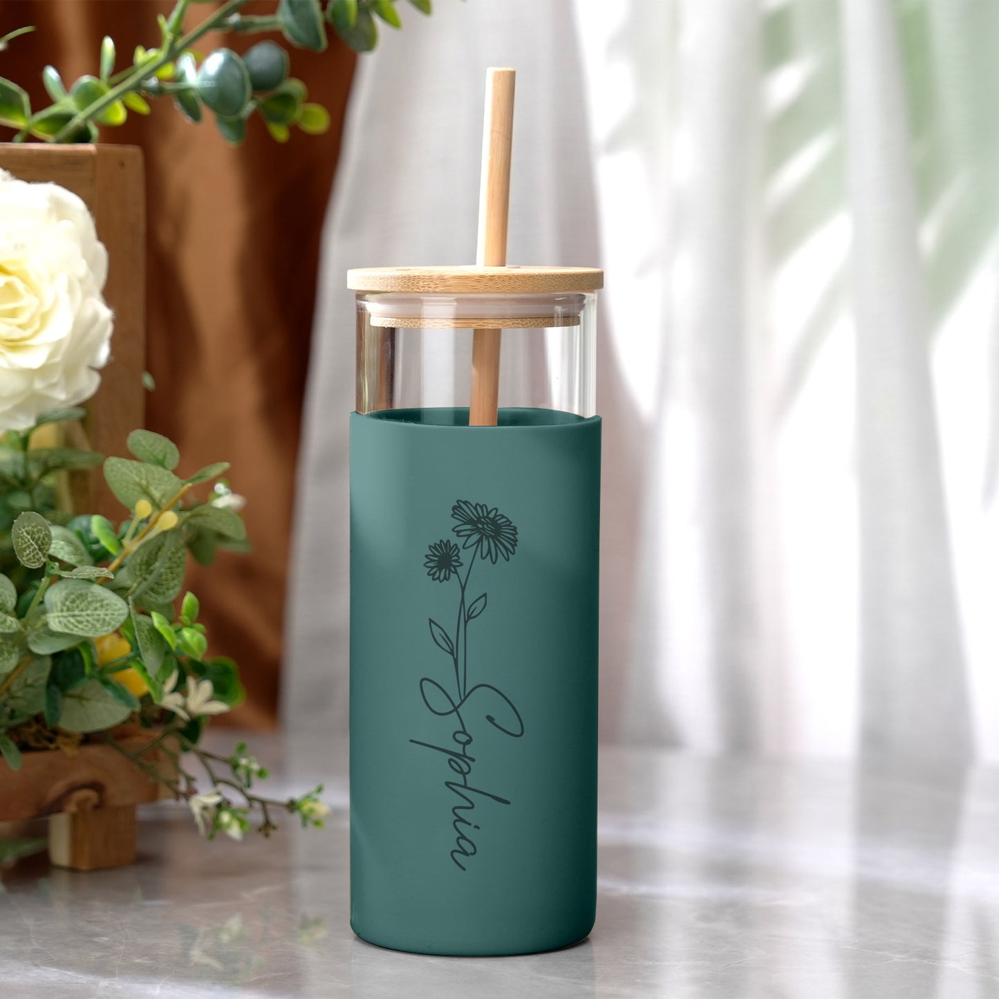 Personalized Name Glass Tumbler with Engraved Name & Wood Lid | Gift For Her | Gift For bridemaids Besties