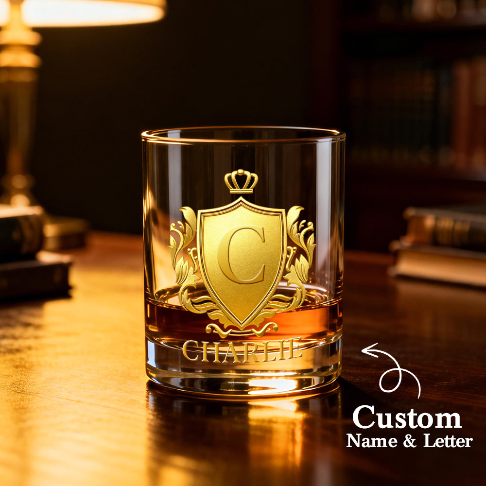 Custom Golden 2D Flat Printing Badge 10 oz Rock Whiskey Glass - Birthday Gift To Him Dad Grandpa Boss Husband Boyfriend