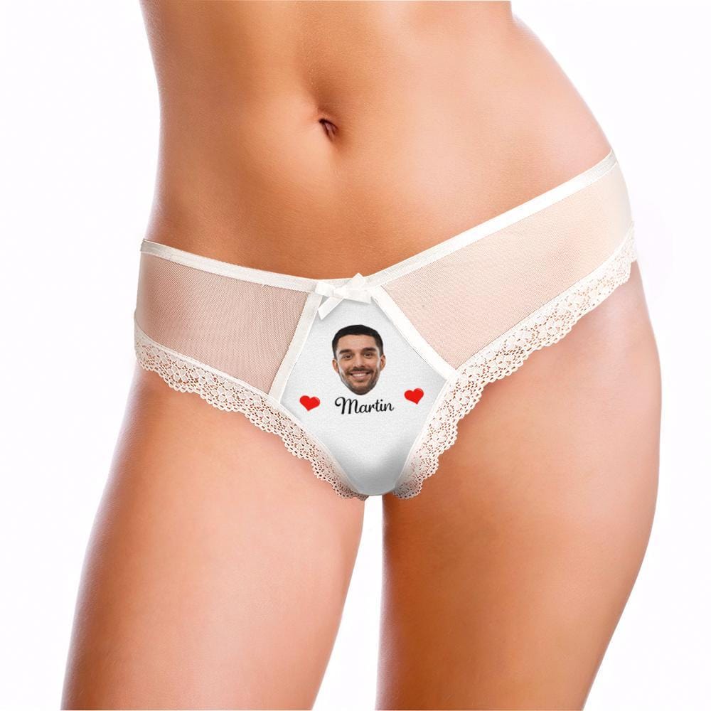 White lace underwear with a personalized design on a white background