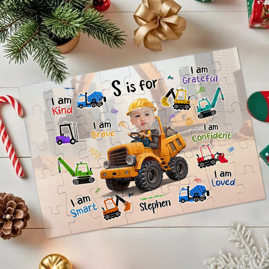 Children's puzzle with construction theme and Christmas decorations