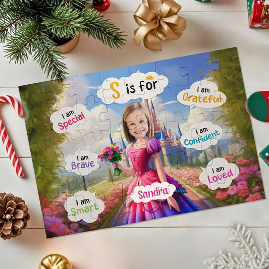 Personalized puzzle with a princess design and motivational phrases on a festive background.