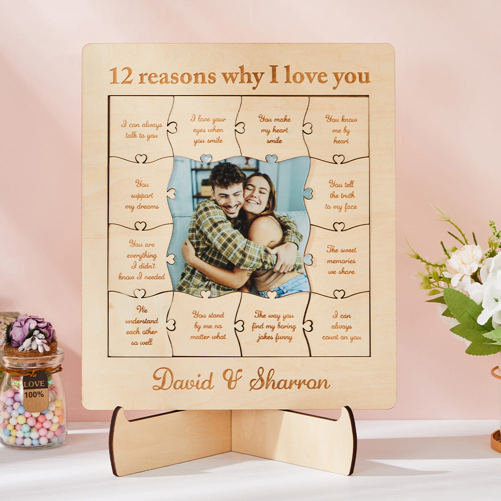 Wooden puzzle with a photo of a couple and text on a pink background