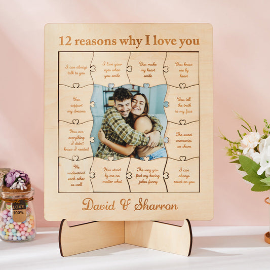 Wooden puzzle with a photo of a couple and text on a pink background