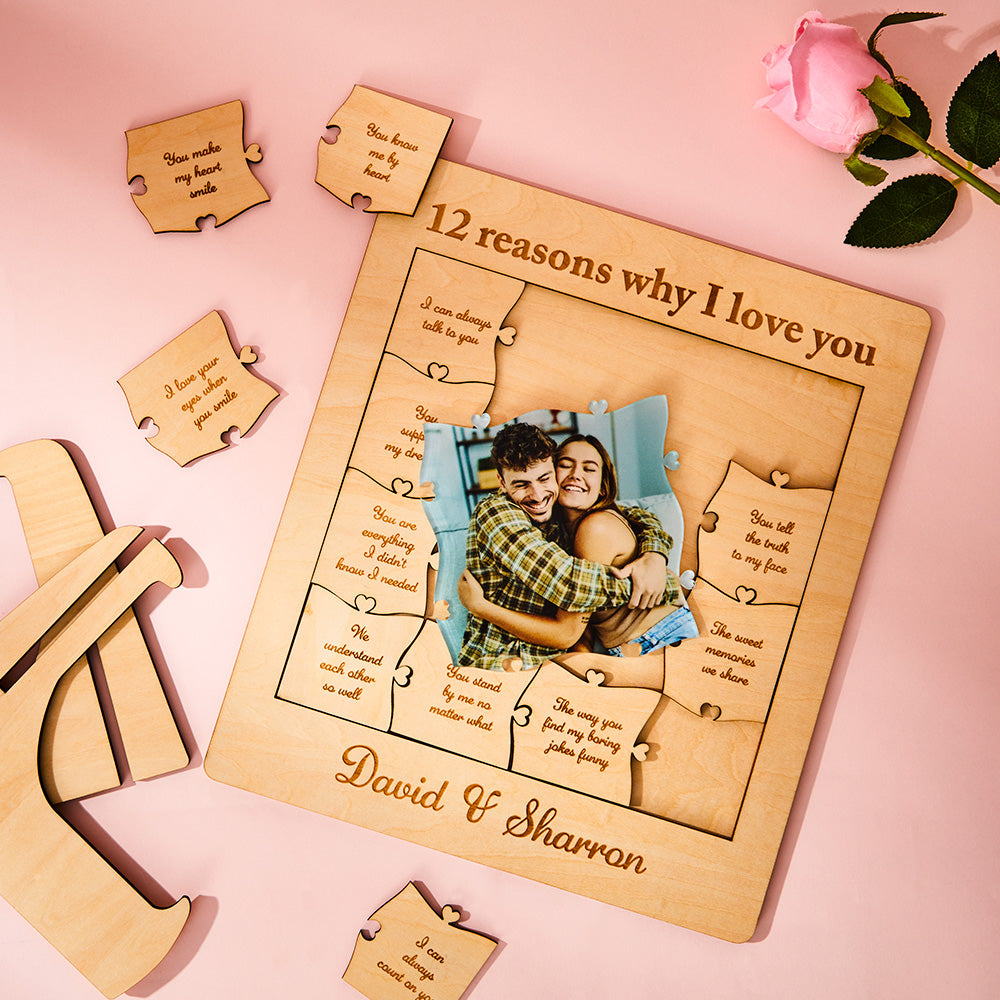Wooden puzzle with photo and '12 reasons why I love you' text on a pink background