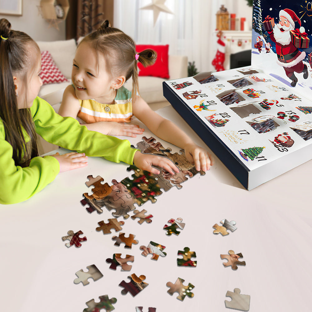Two children playing with a Christmas-themed puzzle in a living room.