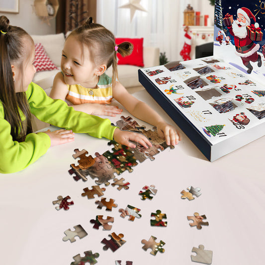 Two children playing with a Christmas-themed puzzle in a living room.