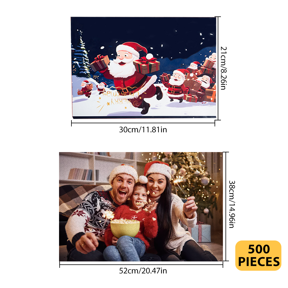 Christmas-themed puzzle with Santa Claus and measurements, followed by a family scene with Christmas decorations.