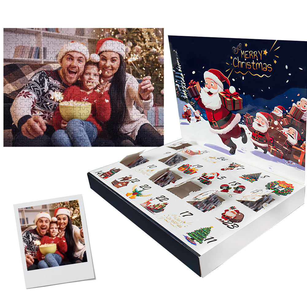 Advent calendar with Santa Claus design, family photo, and Christmas scene.