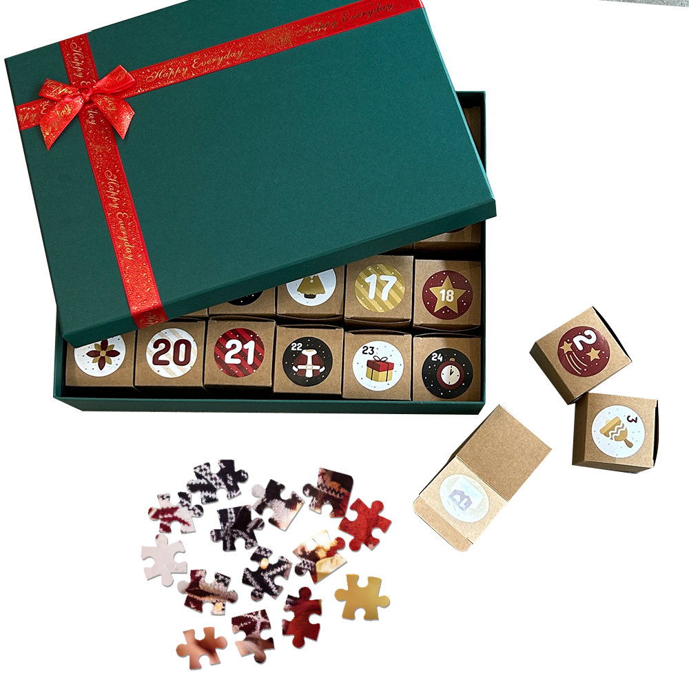 Advent calendar with puzzle pieces and green box with red ribbon