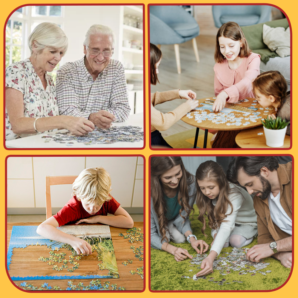 Collage of people enjoying puzzle-solving activities with a yellow border.