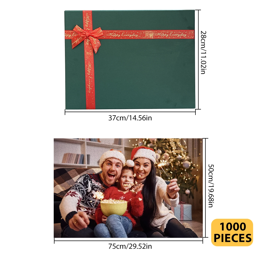 Green gift box with red ribbon and measurements, family photo below
