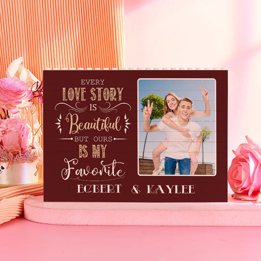 Personalized photo frame with a couple's photo and romantic quote on a pink background