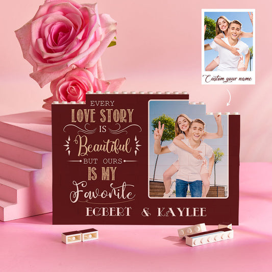 Personalized photo frame with romantic quote and couple's photos on a pink background