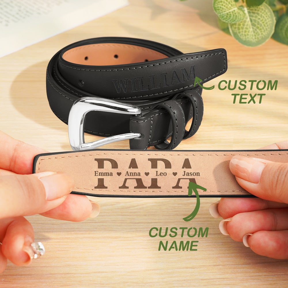 Personalized leather belt with customizable text on a wooden surface