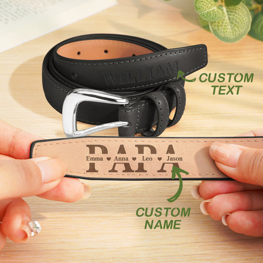 Personalized leather belt with customizable text on a wooden surface