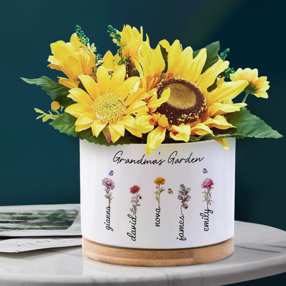 Custom Ceramic Flower Pot with Birth Flower and Name – Personalized Planter Gift - furevermama