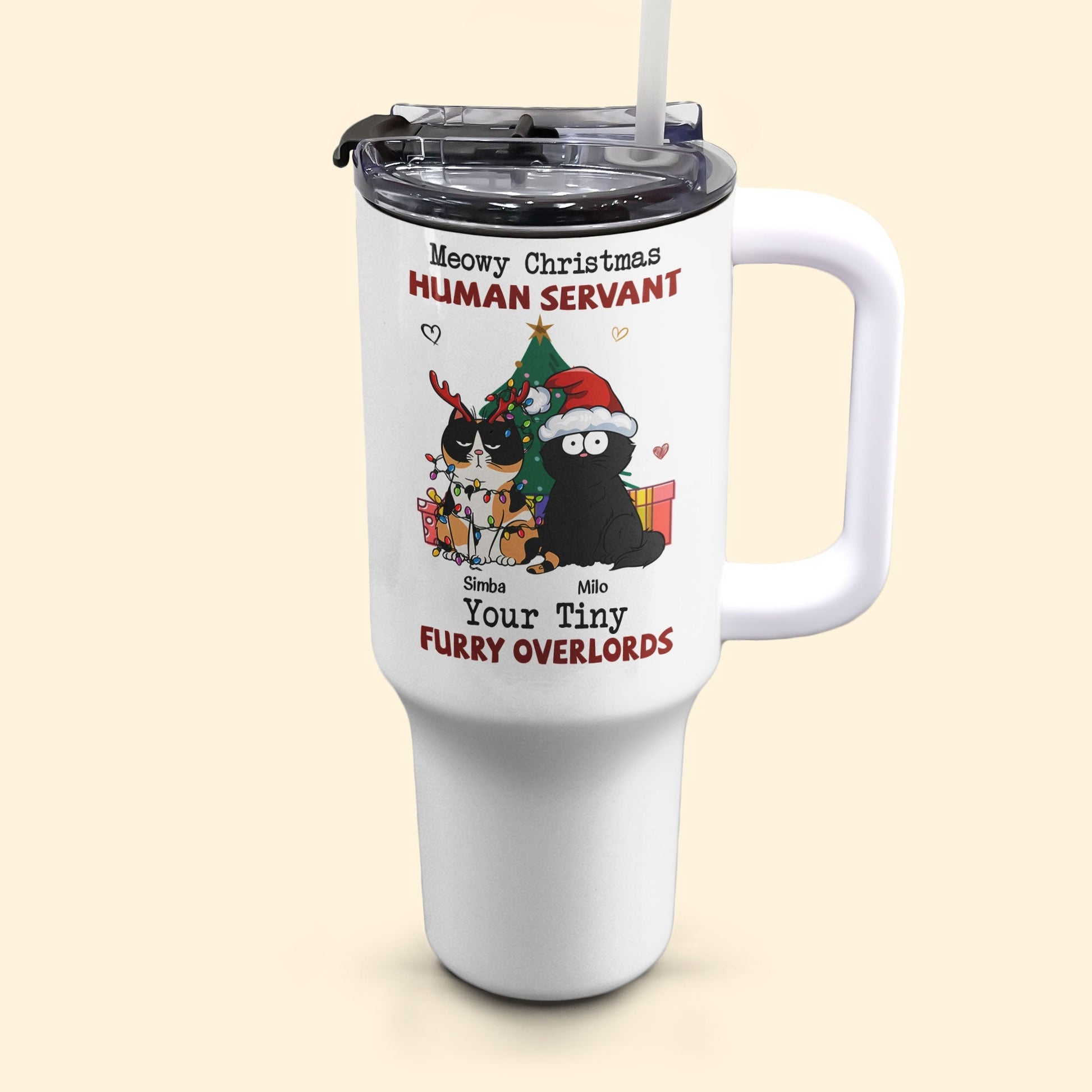 Personalized 40oz Tumbler With Straw- Meowy Christmas, Human Servant - furevermama