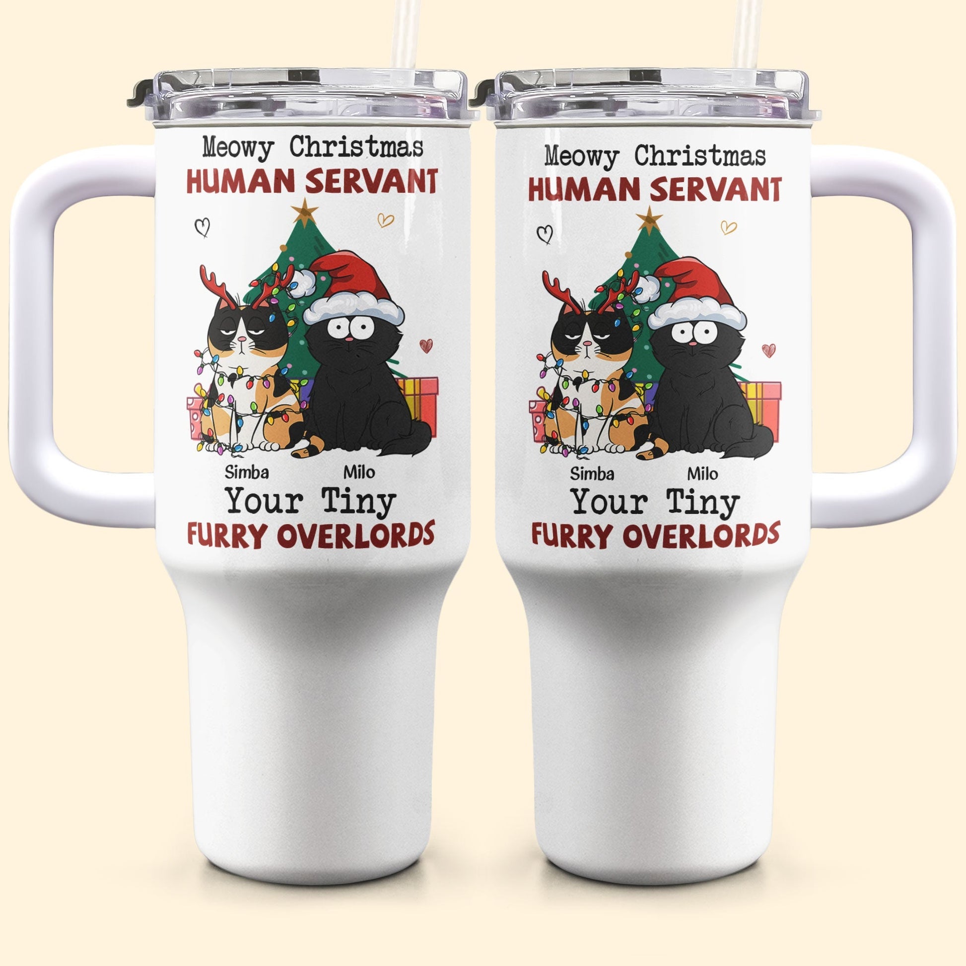 Personalized 40oz Tumbler With Straw- Meowy Christmas, Human Servant - furevermama