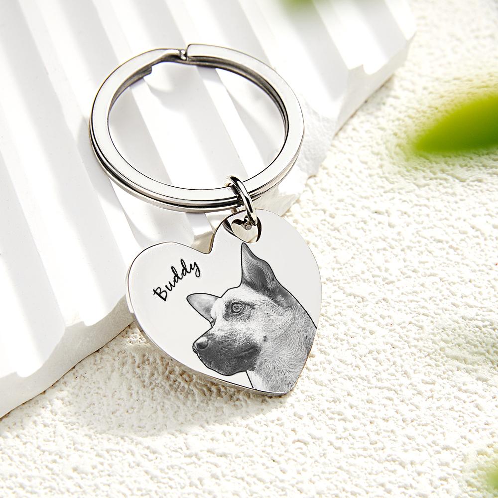 Keychain with heart-shaped tag featuring a dog's photo and name 'Buddy' on a white surface.