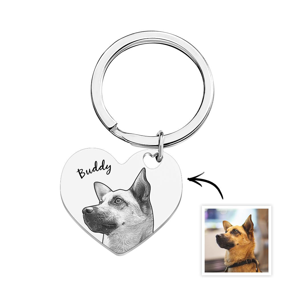 Heart-shaped keychain with engraved dog photo and name 'Buddy' on a white background