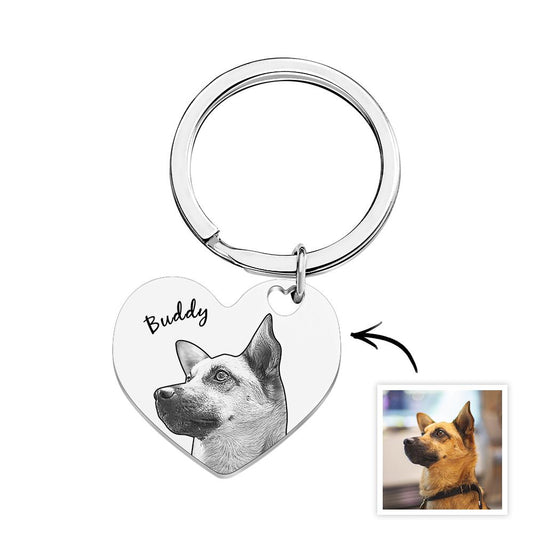 Heart-shaped keychain with engraved dog photo and name 'Buddy' on a white background