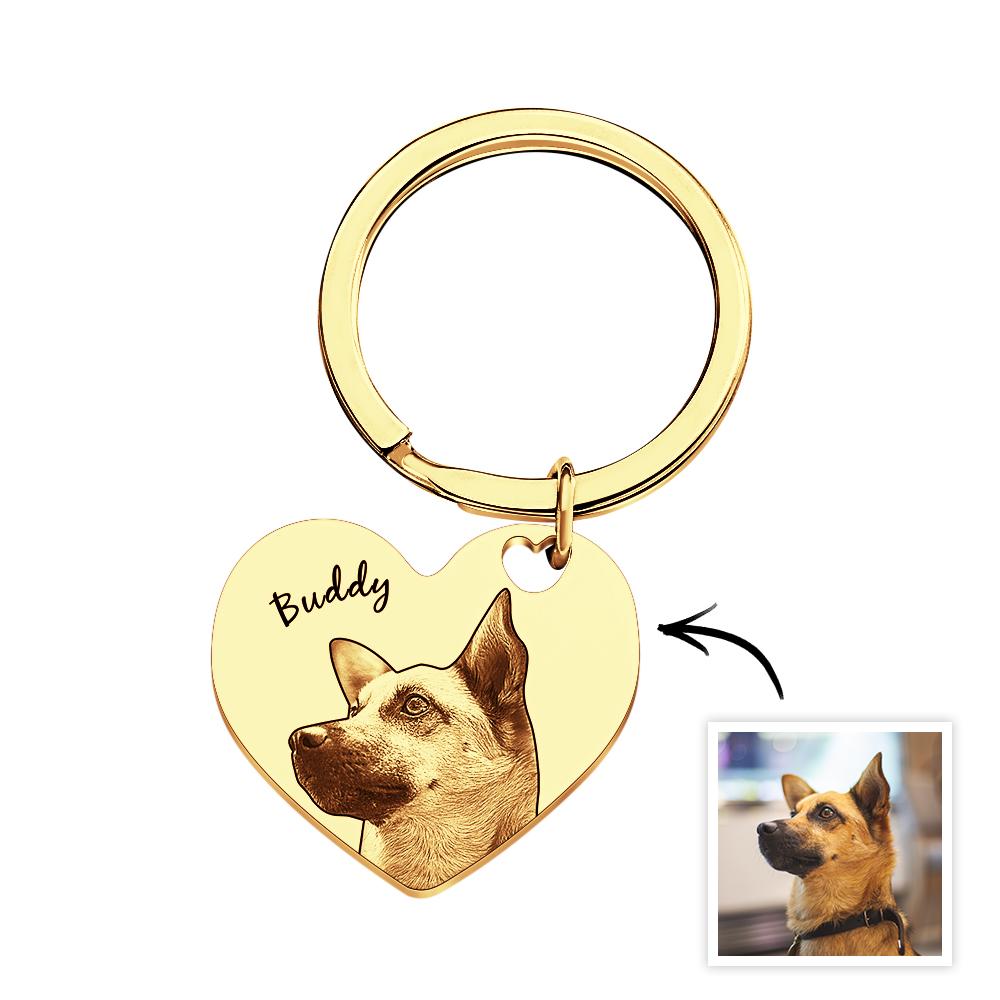 Gold heart-shaped keychain with engraved dog photo and name 'Buddy' on a white background