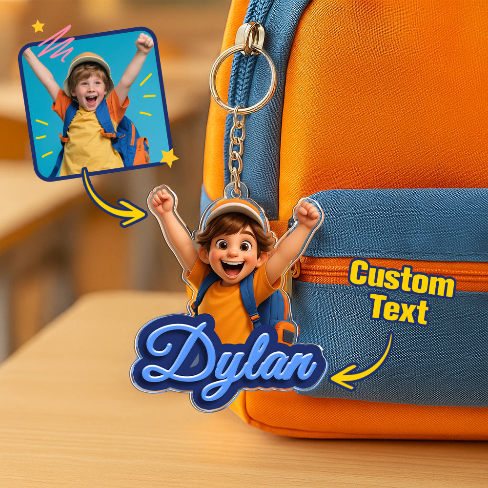 Backpack with a keychain featuring a child illustration and customizable text, with a blurred background.