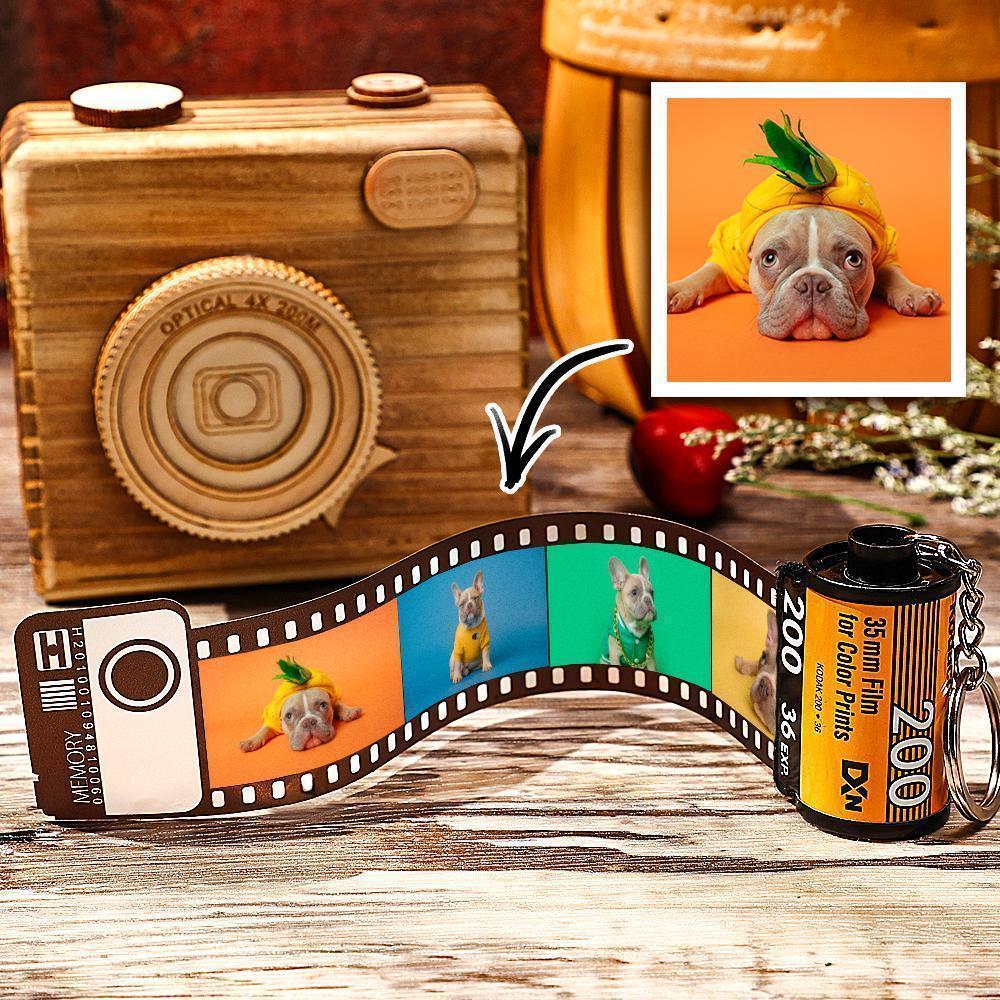 Wooden camera-shaped box with a roll of film featuring images of a dog in colorful outfits, on a wooden surface.