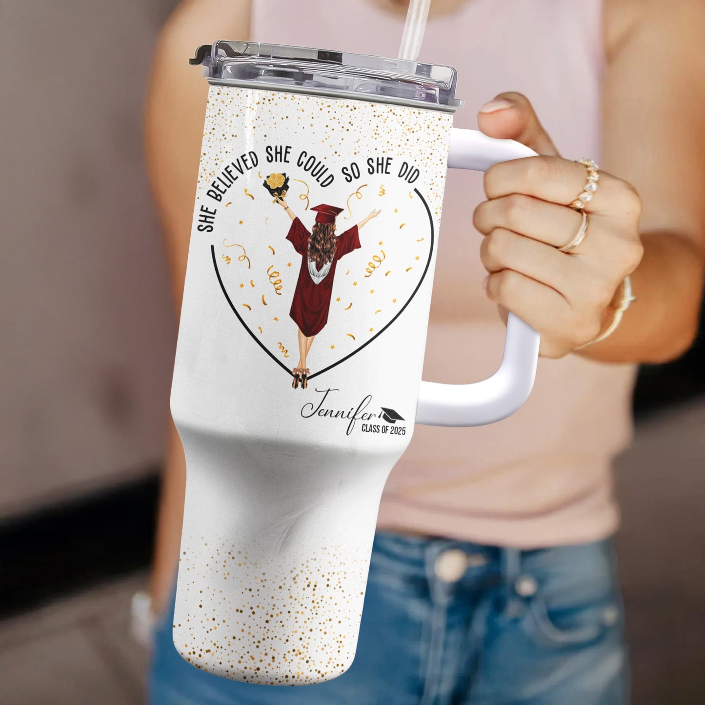 Graduation Gift - She Believed She Could So She Did - Personalized 40oz Tumbler With Straw