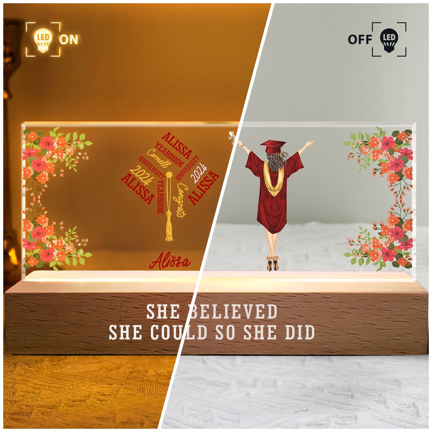 Graduation Gift - She Believed She Could So She Did - Personalized LED Night Light